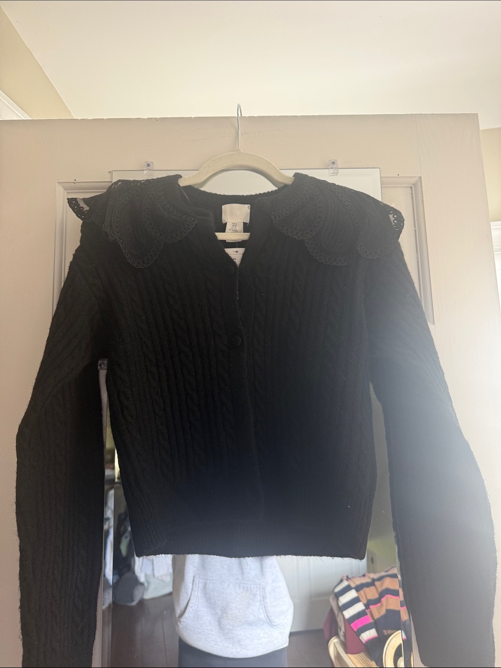 H&M Black Cable Knit Cardigan with Scalloped Lace Collar